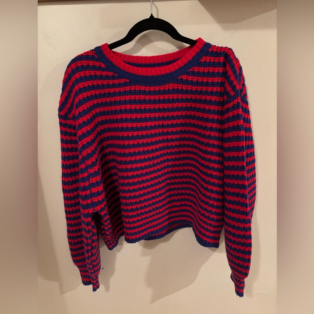 NEW Sundry Red Blue Striped Balloon Sleeve Cropped Sweater Cashmere Wool size S